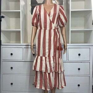 Knox Rose Striped Wrap Midi Dress Puff Sleeve Tiered Ruffle Waist Tie S